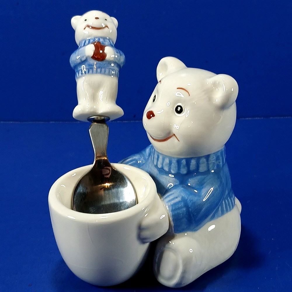 Bear in Sweater Egg Cup Holder with Matching Spoon